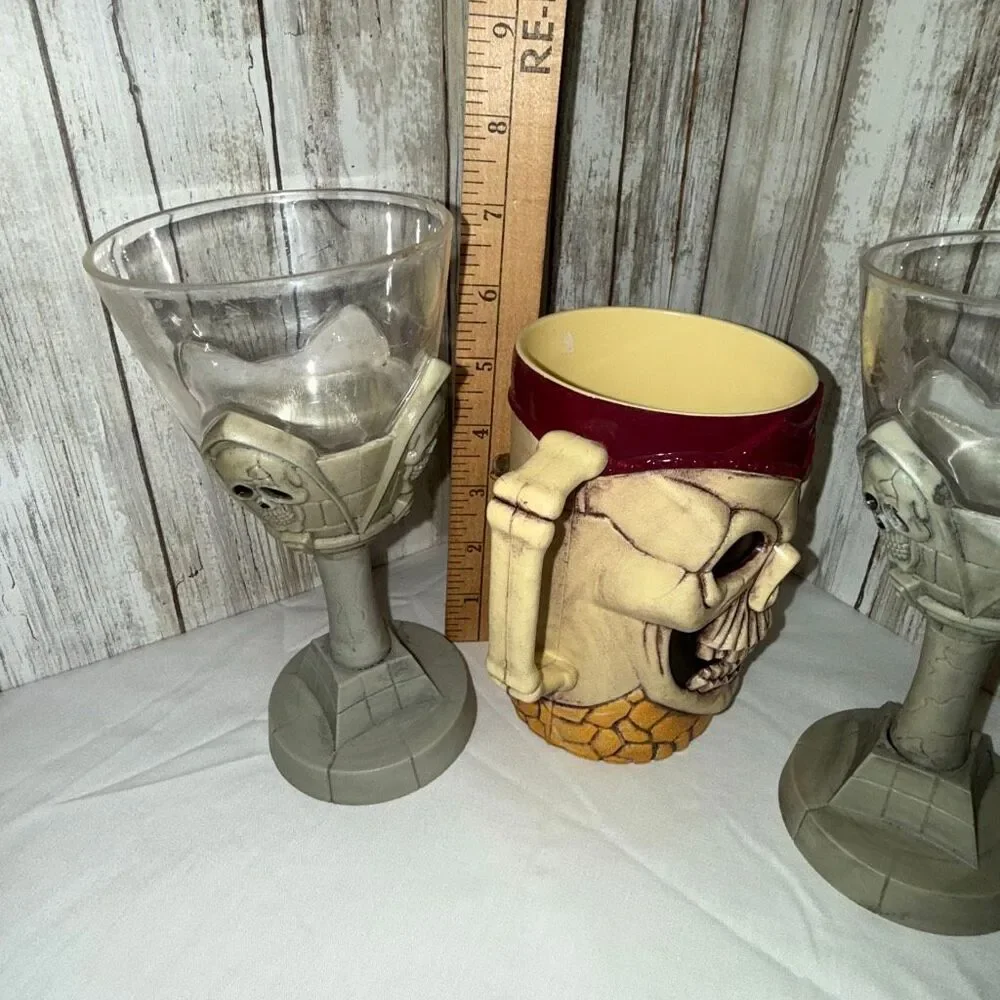Gothic Skull Mug & Chalice Set | Halloween Pirate Drinkware Trio | Resin & Ceram